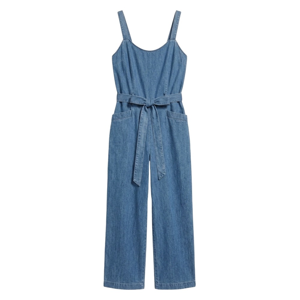 18. Rewash Denim Jumpsuit Small Blue Wide Leg Tie Waist Zipper Closure Pockets